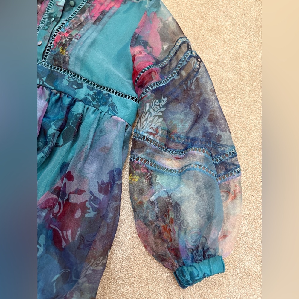 Cynthia Rowley Teal Watercolor Organza Mini Dress - size Small - PRISTINE - Picture 9 of 15